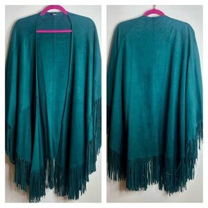 Tesoro XL Emerald Teal Fringe Women Faux Leather Poncho Western Boho EUC Suede